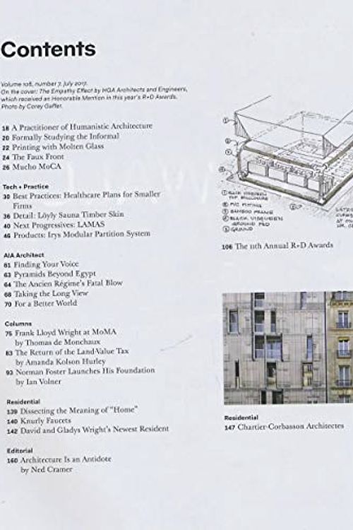 Cover Art for B083NTD82N, Architect : Printing with Molten Glass; The Ancien Regime's Fatal Blow ; Frank Lloyd Wright at MoMA; Return of the Land Value Tax ; Norman Foster; Knurly Faucets (2017 Journal) by Ian Volner, Thomas De Monchaux, Aanda Kolson Hurley